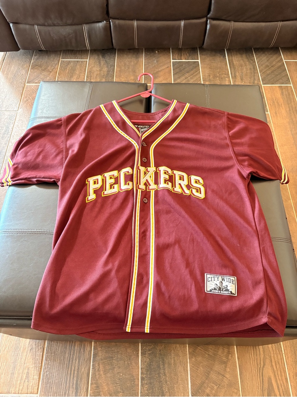 Steve & Barry's Maroon Peckers Baseball Jersey with City Wide Patches